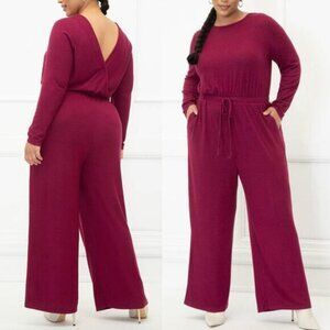 ELOQUII Elements Plus Size Wide Leg Jumpsuit Burgundy Maroon Red Long Sleeve 1X